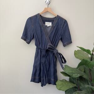 Pilcro and the Letterpress Denim Shorts Romper Wrap Tie Anthropologie Jean Blue